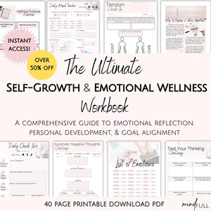 Puede incluir: Un libro de trabajo imprimible rosa y blanco con el título "The Ultimate Self-Growth & Emotional Wellness Workbook". El libro de trabajo es una guía completa para la reflexión emocional, el desarrollo personal y la alineación de objetivos. Incluye 40 páginas de contenido imprimible y está disponible para descargar en PDF.