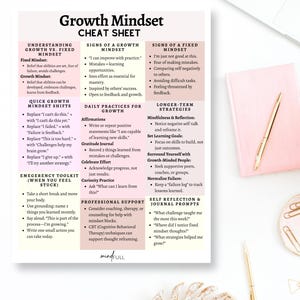 Fusklapp för growth mindset | Utskrivbart terapiarbetsblad för mentalt välbefinnande, självförbättring och positivt tänkande