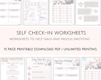 Self Check-In Worksheets | 15-Page Mental Health Planner PDF | Printable Mood Tracker, Anxiety Journal, Thought Log, Self-Care Templates