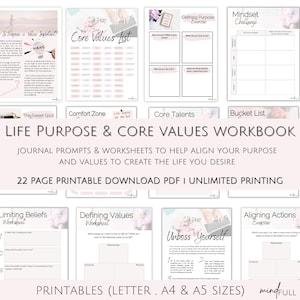 Puede incluir: Un cuaderno imprimible con indicaciones de diario y hojas de trabajo para ayudar a alinear tu propósito y valores. La portada presenta el texto "Life Purpose & Core Values Workbook". Incluye hojas de trabajo.