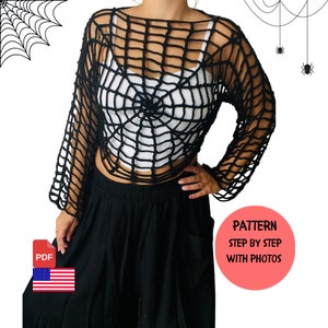 Halloween Party Crochet Wear Pattern, Black Handmade Gift, Crochet Spider Mesh Tops, Fall Sweater, Halloween Costume , Step by Step Pattern