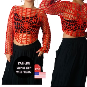 Halloween Spider Crochet Wear Pattern, Red Handmade Gift, Crochet Spider Mesh Top, Fall Sweater, Halloween Costume , Step by Step Pattern
