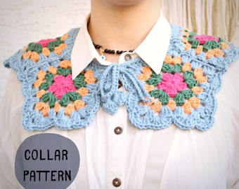 Patrón de cuello de ganchillo cuadrado de abuela, cuello Peter Pan retro (patrón PDF)