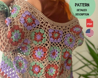 Crochet Cardigan Pattern, Easy Women Wear Pattern,Handmade Vintage Gift for Bohemian Women, Patchwork Granny Square Sweat and Jacket Pattern