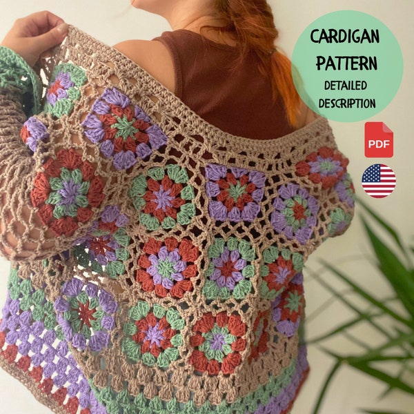 Crochet Cardigan Pattern, Easy Women Wear Pattern,Handmade Vintage Gift for Bohemian Women, Patchwork Granny Square Sweat and Jacket Pattern