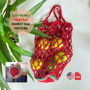 May include: Red crocheted market bag with green trim, filled with green apples. The bag is foldable and eco-friendly. The text "ECO-FRIENDLY FOLDABLE MARKET BAG PATTERN" is on a pink circle in the top left corner. The text "PDF" is on a red rectangle in the bottom right corner.