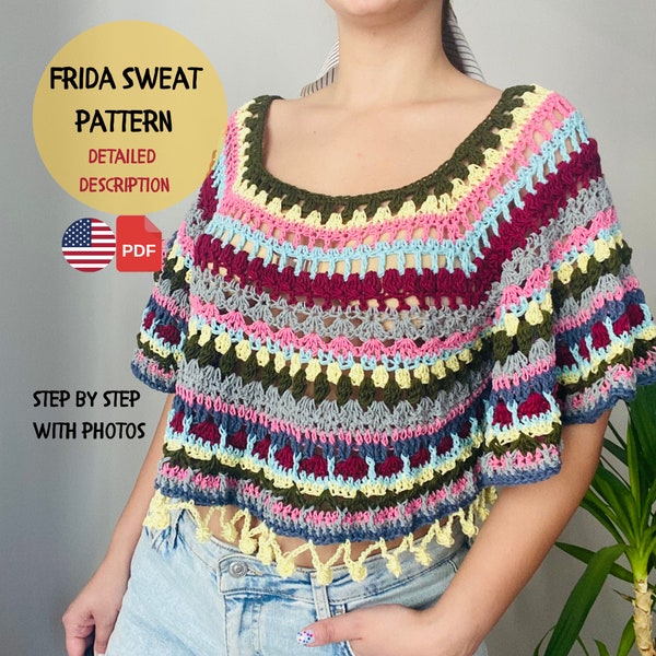 Modello maglione Frida all'uncinetto, regalo per lei e donne Boho, abbigliamento etnico estivo, modello passo dopo passo per pullover corto alla moda