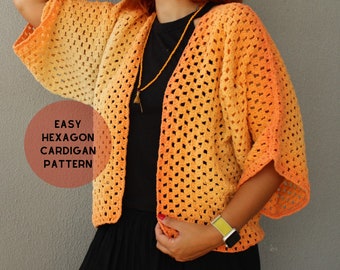 Hexagon Crochet Orange Cardigan Pattern, Gift for Her, Hexagon Knit Jacket Pattern, Bohemian Handmade Sweater Gift, Crochet Kimono for Women