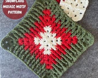 Crochet Mosaic Snowflake Granny Square Pattern, Xmas 3D Mosaic Motif Pattern, Step by Step Beginner Pattern With Video