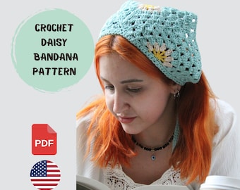 Easy Step by Step Summer Headband Pattern, Crochet Daisy Bandana for Women in Festival, Vintage Flower Hair Accessories, Daisy Head Scarf