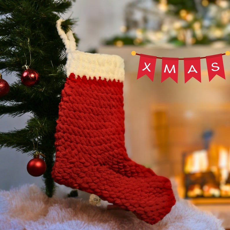 Christmas Oversize Crochet Stocking Easy Pattern, Holidays Decor and Gift, Xmas Ornaments, Knit Santa Stocking, Xmas Personalizable Gift image 3
