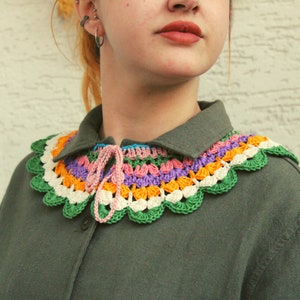 Vintage Boho Colorful Crochet Collar, Handknit Neckpiece, Retro Granny Square Woman Accessories, Peter Pan Collar