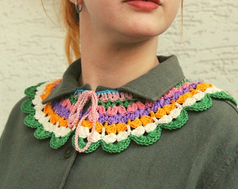 Vintage Boho Colorful Crochet Collar, Handknit Neckpiece, Retro Granny Square Woman Accessories, Peter Pan Collar