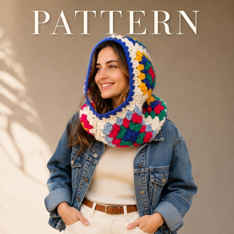 Crochet Granny Square Balaclava Pattern: Winter Neck Hoodie (PDF Pattern) image 1