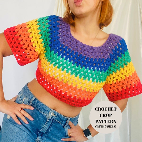 Modèle facile de haut court au crochet, culture colorée et arc-en-ciel de la fierté LGBTQ, mois de la fierté, cadeaux d'anniversaire, cadeaux pour elle, chemise au crochet faite main