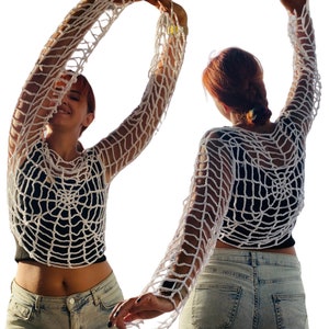 Halloween Party häkeln Kleidung, handgemachtes Geschenk für sie, häkeln Spinne Mesh Tops, Herbst Halloween Pullover, Halloween Kostüm, Halloween Geschenk