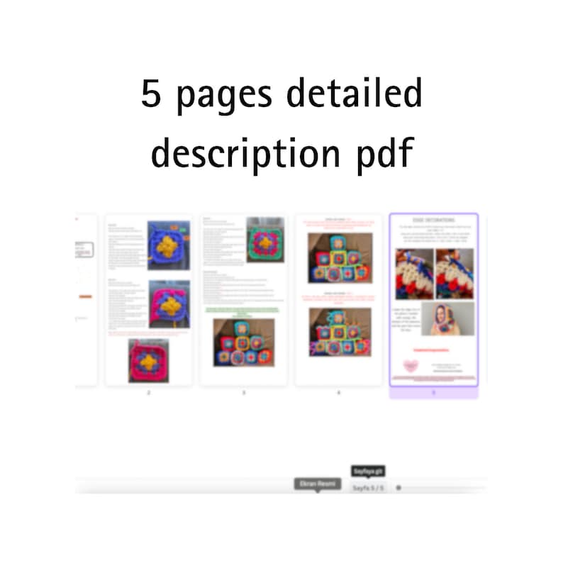Puede incluir: Un documento digital con el texto "5 pages detailed description pdf". El documento muestra varias p&aacute;ginas con patrones de ganchillo coloridos e instrucciones. Las p&aacute;ginas muestran primeros planos de cuadrados de ganchillo en varios colores.