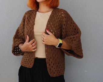 Brown Crochet Hexagon Cardigan: Cotton Knit Kimono Jacket
