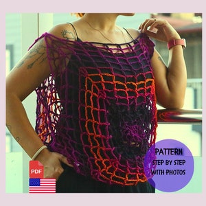 Halloween Party Häkeln Purple Wear Muster, handgemachtes Geschenk, Häkeln Spinne Mesh Tops, Herbst Pullover, Halloween-Kostüm, Schritt für Schritt Muster