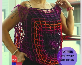 Halloween Party Crochet Purple Wear Pattern, Handmade Gift, Crochet Spider Mesh Tops, Fall Sweater, Halloween Costume , Step by Step Pattern