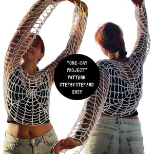 Halloween Party Crochet Wear Pattern, weißes handgemachtes Geschenk, häkeln Spinne Mesh Tops, Herbst Pullover, Halloween-Kostüm, Schritt für Schritt Muster