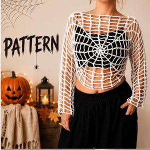 ハロウィンかぎ針編みのスパイダーウェブトップのパターン、秋のメッシュセーター（PDFパターン）