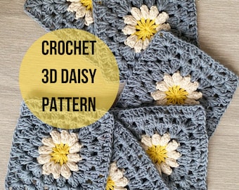 Crochet Daisy Granny Square Easy Pattern, 3D Daisy Flower Pattern, Crochet Daisy Afghan, Knitting Basic Pattern, Gift for Flower Lovers
