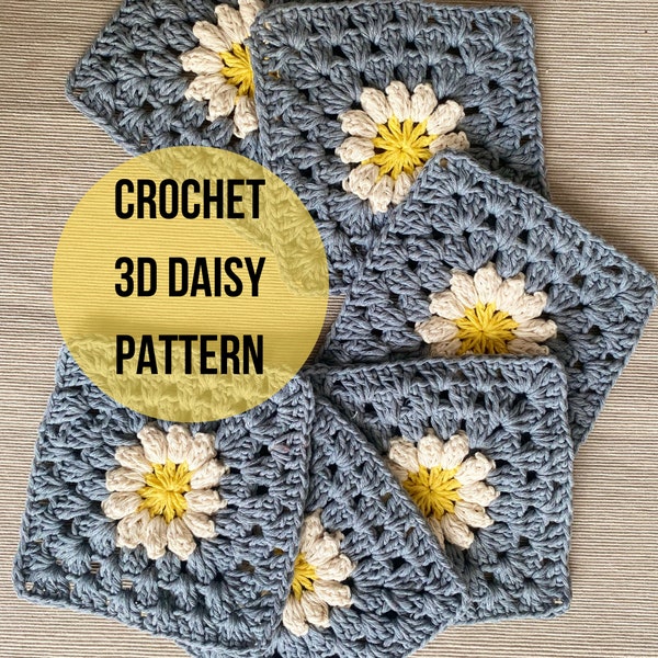 Crochet Daisy Granny Square Easy Pattern, 3D Daisy Flower Pattern, Crochet Daisy Afghan, Knitting Basic Pattern, Gift for Flower Lovers