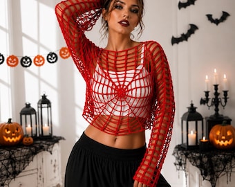 Red Crochet Spider Web Sweater | Halloween Crochet Top | Handmade Spiderweb Pullover | Goth Festival Sweater | Women's Halloween Clothing