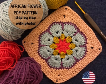 Easy Crochet African Flower Pattern, Flower Lover Gift, Beginner Crochet Step by Step Digital Download PDF, Ethnical and Bohemian Pattern