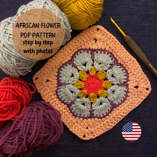 Easy Crochet African Flower Pattern, Flower Lover Gift, Beginner Crochet Step by Step Digital Download PDF, Ethnical and Bohemian Pattern