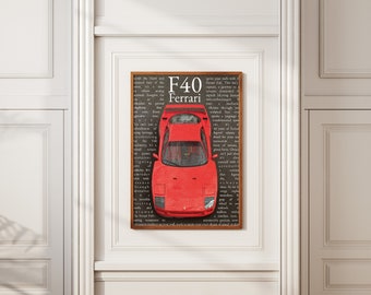 Ferrari F40 Poster, Geschenk für Ihn, Autoposter für Autoliebhaber, Poster, Geschenk, Wanddekoration, klassische Autokunst