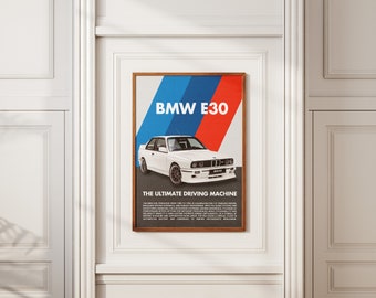 BMW E30 poster cadeau voor hem auto poster voor autoliefhebbers poster cadeau wanddecoratie drijvende auto