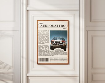 Poster Audi Quattro cadeau pour lui Poster de voiture pour amateurs de voitures Poster cadeau Décoration murale Art de voitures de rallye du groupe B