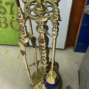 Craftsmanship of Solid Brass Unlacquered Vintage Etched Indoor Fireplace Fire Pit Fireside Accessories - Set of Fireplace Tools with Stand