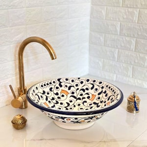 White and Black Ceramic Sink-Basin With Mid-Century Modern-Artisanal Farmhouse London Basin-Bathroom Ceramic Sink-Handmade Moroccan Sink