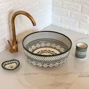 Green And White Ceramic Sink-Basin With Mid-Century Modern-Artisanal Farmhouse London Basin-Bathroom Ceramic Sink-Handmade Moroccan Sink