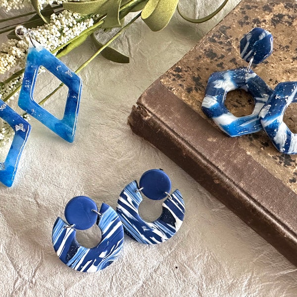 Blue & White Marble Polymer Clay Earrings | Blue and White Striped Earrings | Blue and White Clay Earrings with Alcohol Ink