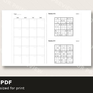 May include: A printable PDF DIY pocket notebook featuring black and white pages with Sudoku puzzles, blank grid tables, and lined note sections. The layout includes headers for Sudoku 10, 11, 12, and 13, alongside blank monthly calendar grids and pages for writing.