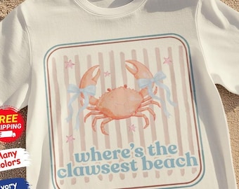 ¿Dónde está la playa más genial?, Camiseta Comfort Colors®, Camiseta costera vintage, Camisetas gráficas de verano, Camiseta colorida con cangrejo