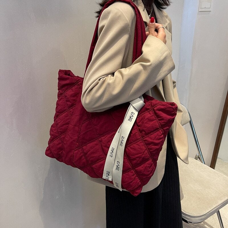 Nylon Puffy Shoulder Bag Tote Quilted Large Tote Bag 