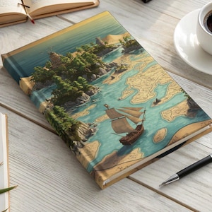 Diarios y cuadernos de mapas de fantasía, barco pirata, aventura isleña, búsqueda del tesoro, cartografía, regalo para escritores, papelería única.