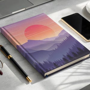 Mountain Sunset Journals Notebooks, Landscape Art Journals, Sunrise Nature Notebooks, Vector Art Notebooks, Minimalist Design Gift Journals