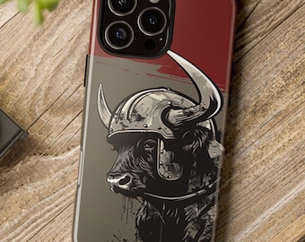 Highland Cow Spartan Warrior Vector Graphics iPhone Case, Cool Phone Case, Spartan Helmet, Greek Artwork, Hero Gift for Him, Comic Art Style