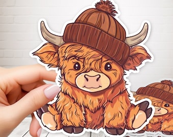 Baby Highland Cow Sticker, Water Bottle Sticker, Laptop Sticker, Tumbler Sticker, Phone Case Stickers, Adorable Animal Sticker, Cute Animals