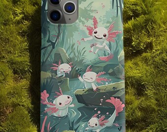 Peut inclure: Une coque de téléphone avec une illustration colorée de cinq axolotls dans un décor de forêt. Les axolotls sont roses, blancs et gris avec des yeux noirs. L'arrière-plan est une forêt verte et brune avec un étang bleu.