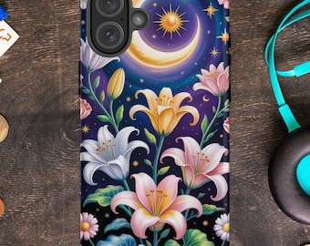 Beautiful Night Sky iPhone Case – Crescent Moon & Stars, Fun Floral Design, Inspirational Art, Fits iPhone 16/15/14/13 Pro Max, Gift for Her