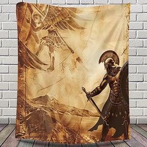 May include: A tapestry featuring a vintage-style illustration of a winged angel and a warrior holding a sword and shield. The background is a faded parchment with a mountainous landscape.