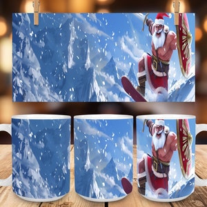Kubek 3D Święty Mikołaj Thrashin Through the Snow Ceramic Coffee (11 uncji, 15 uncji), Spartan Warrior Santa Snowboarding, Fun Christmas Cup, Holiday Art