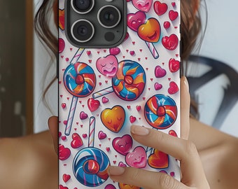 Funda para iPhone con imagen 3D divertida del día de San Valentín, bonito diseño de corazones de caramelo, divertidos símbolos de San Valentín con dibujos animados, piruletas, corazones rojos brillantes, regalo de amor